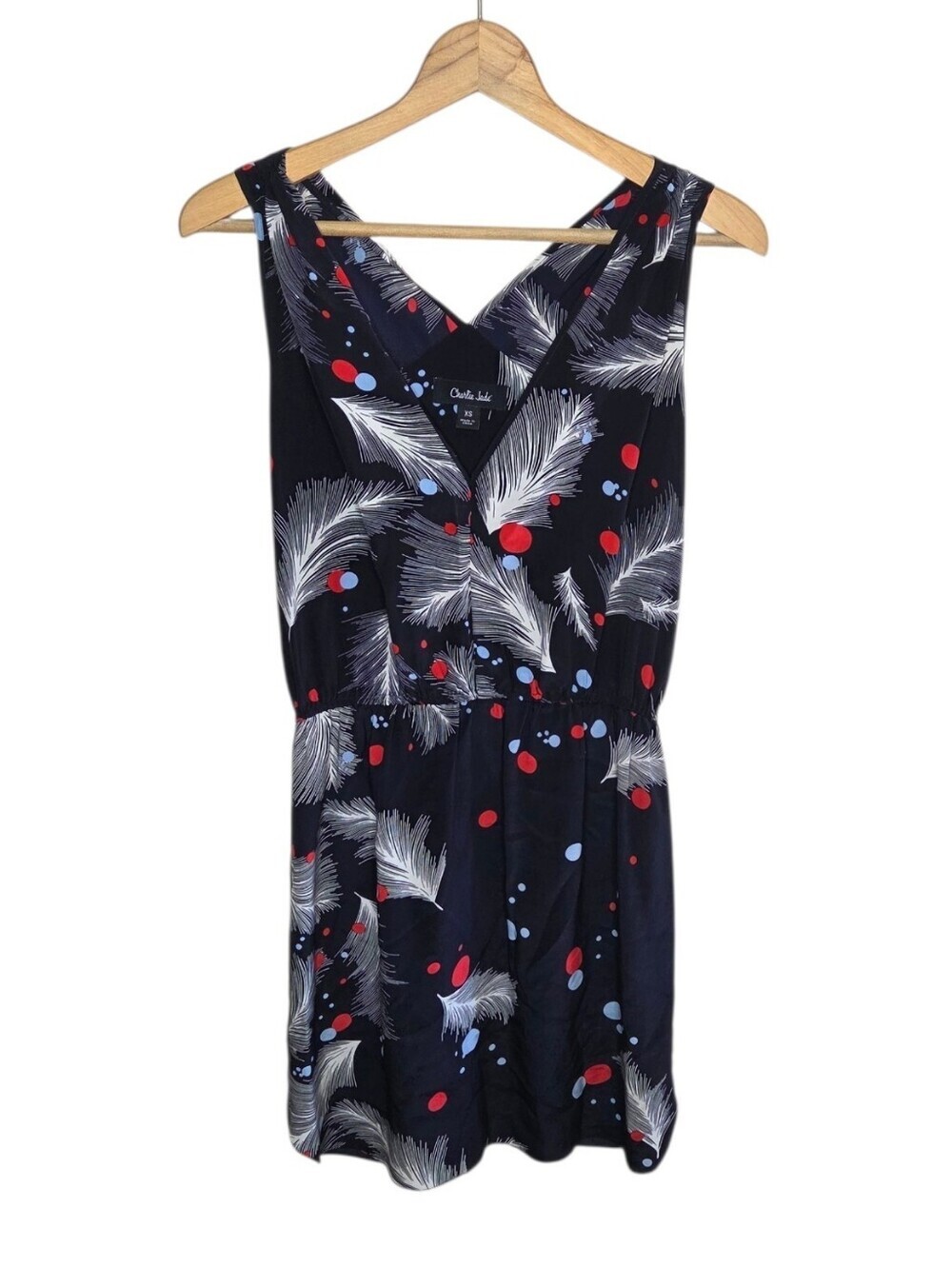 Charlie Jade Silk Feather & Dot Print Sleeveless V-neck Cocktail Dress Size XS
